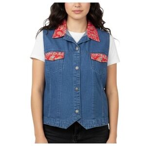 VTG Sun River BLUE DENIM SHIRT TOP VEST Red Bandana SLEEVELESS BUTTON-UP sz 1X